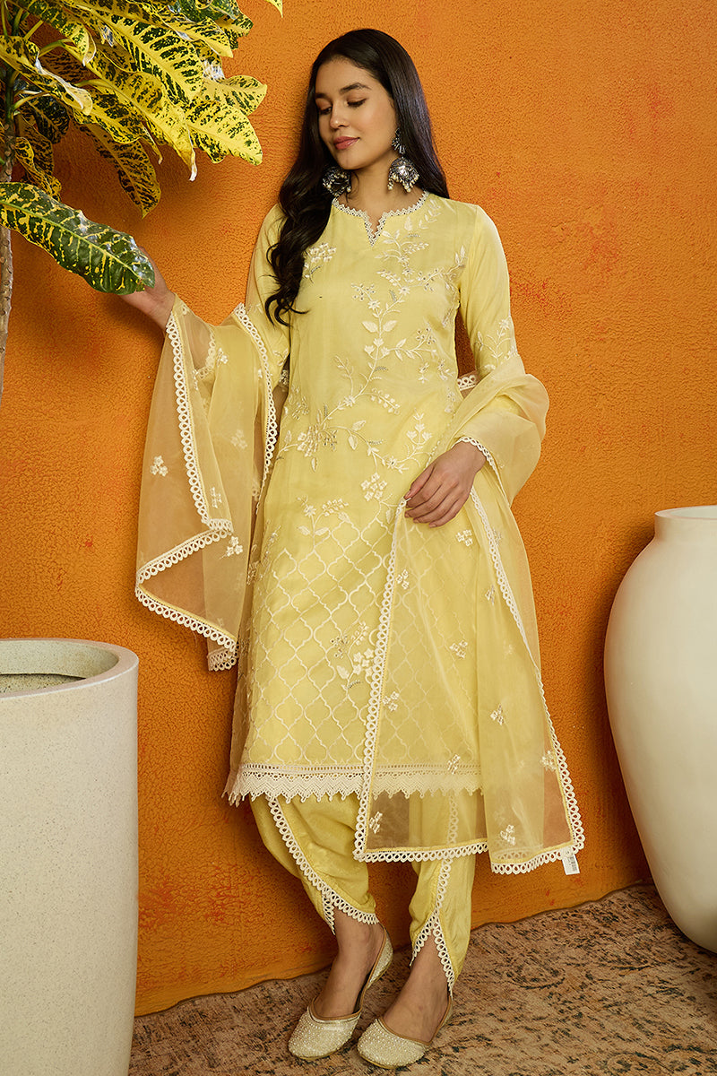 Yellow-Organza-Solid-Embroidered-A-Line-Dhoti-Bottom-Set