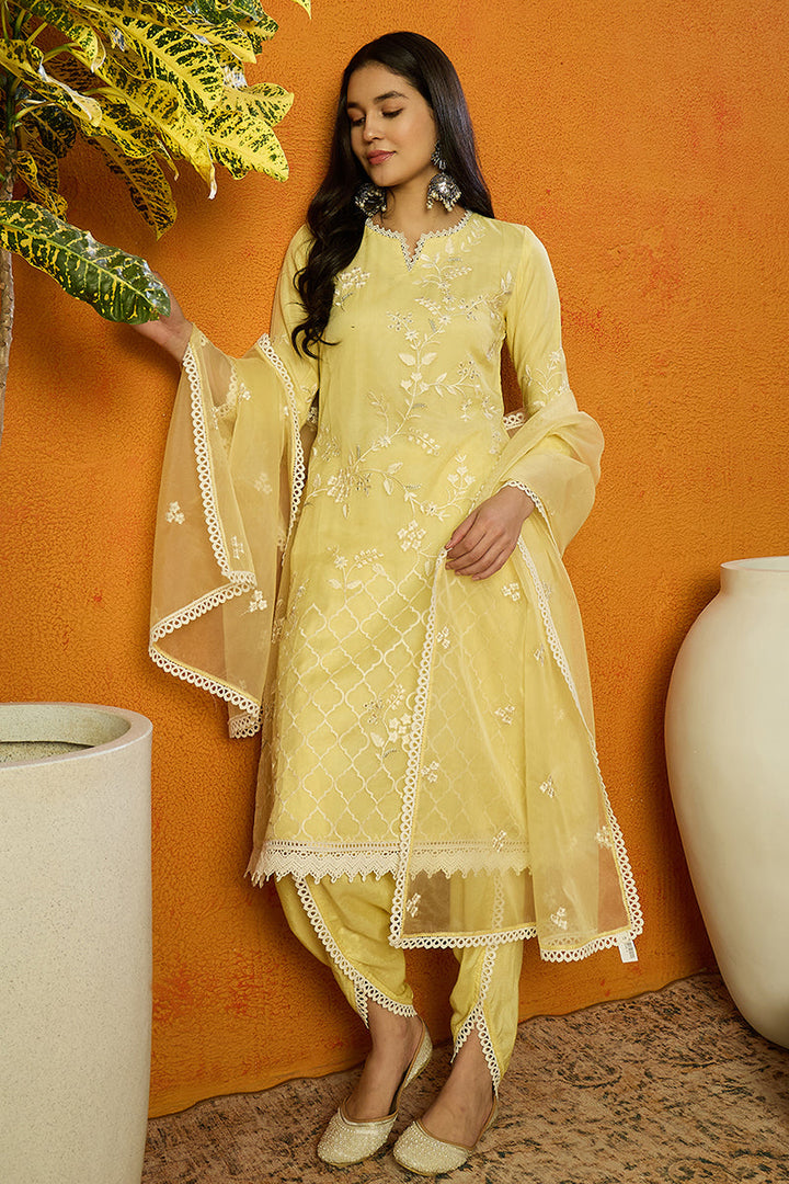 Yellow-Organza-Solid-Embroidered-A-Line-Dhoti-Bottom-Set