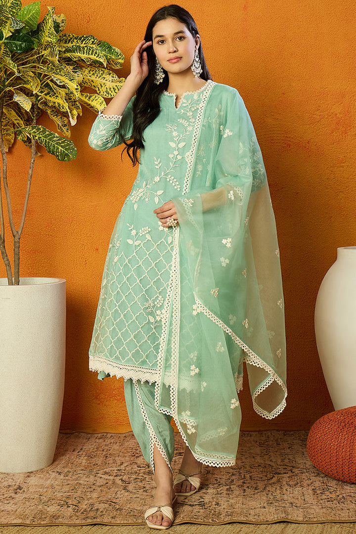 Sea-Green-Organza-Solid-Embroidered-A-Line-Dhoti-Style-Kurta-Set