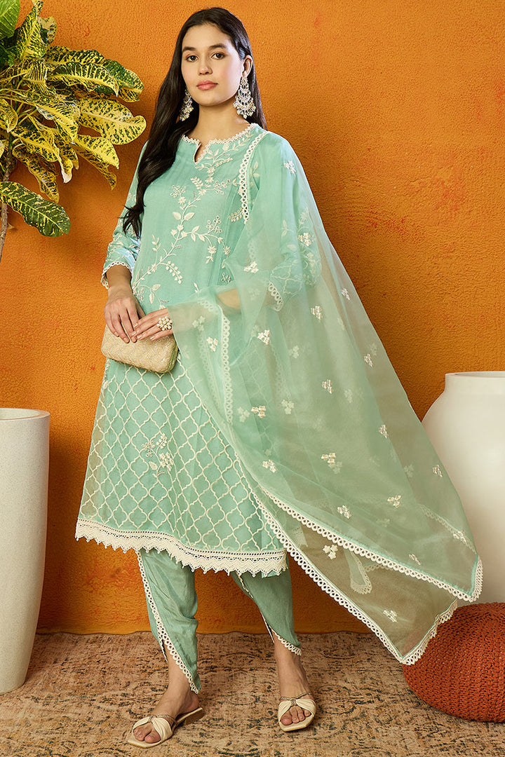 Sea-Green-Organza-Solid-Embroidered-A-Line-Dhoti-Style-Kurta-Set