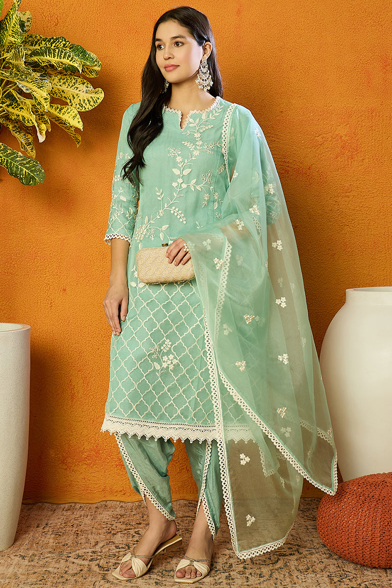 Sea-Green-Organza-Solid-Embroidered-A-Line-Dhoti-Style-Kurta-Set
