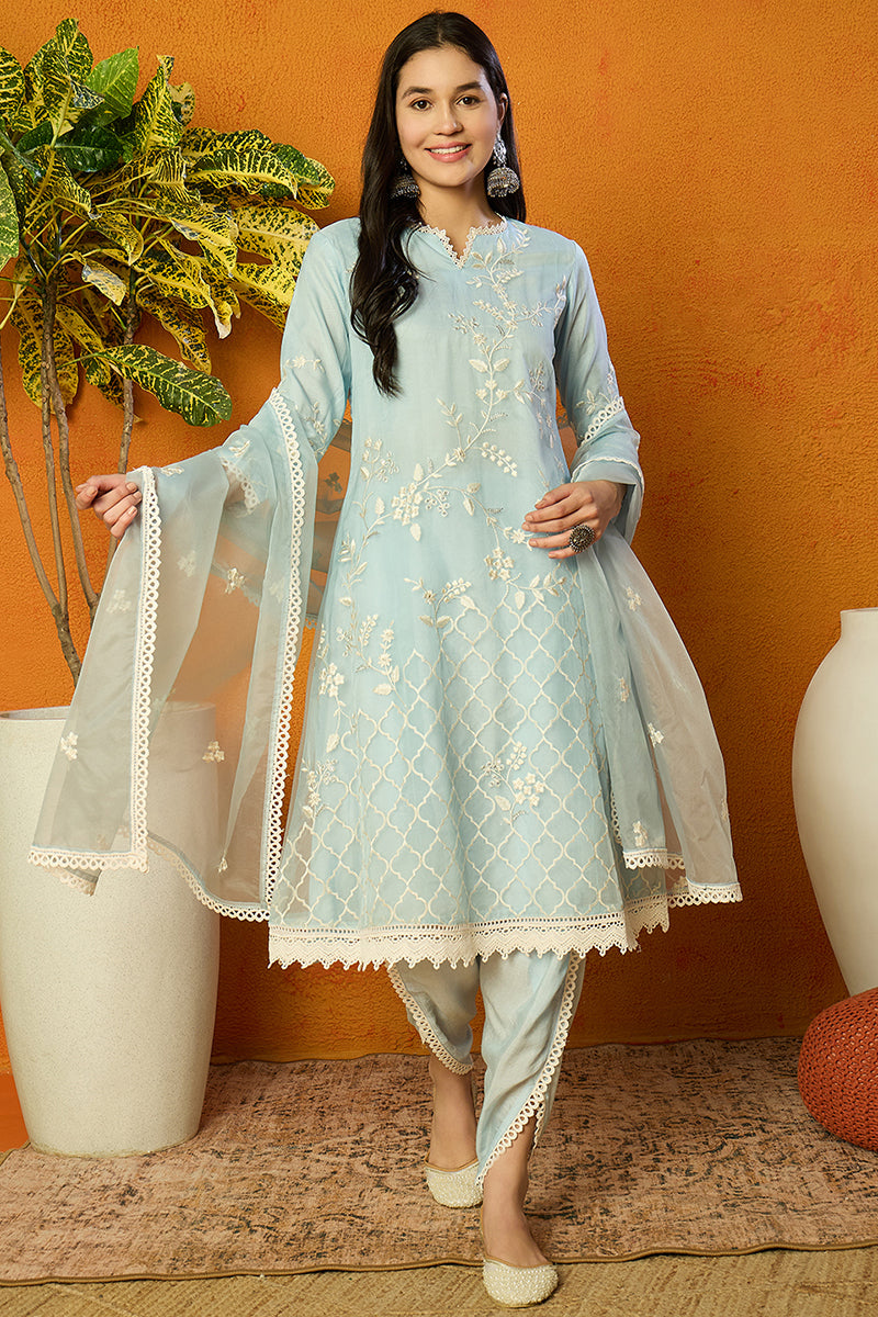 Blue-Organza-Solid-Embroidered-A-Line-Dhoti-Style-Kurta-Set