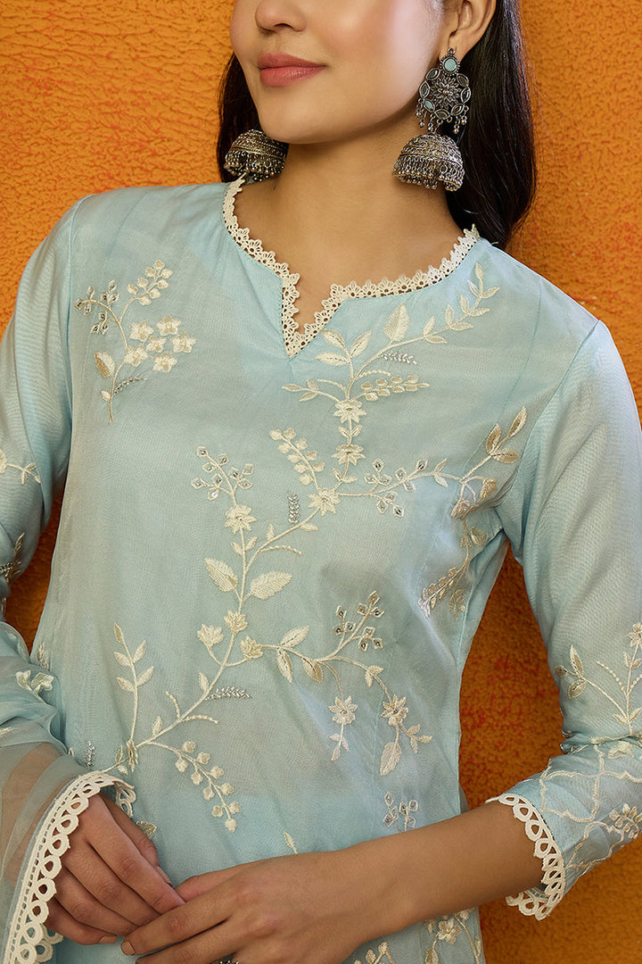 Blue-Organza-Solid-Embroidered-A-Line-Dhoti-Style-Kurta-Set