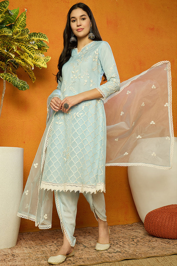 Blue-Organza-Solid-Embroidered-A-Line-Dhoti-Style-Kurta-Set