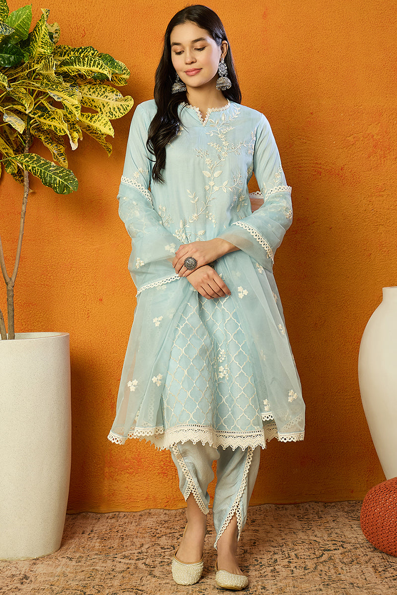 Blue-Organza-Solid-Embroidered-A-Line-Dhoti-Style-Kurta-Set