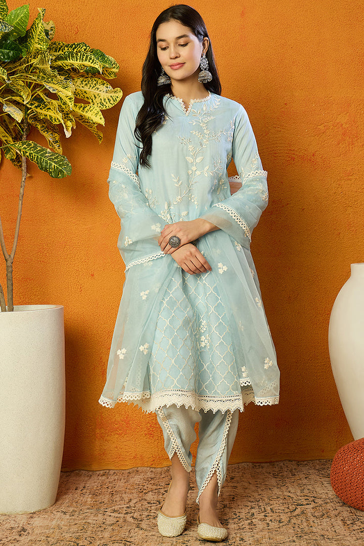 Blue-Organza-Solid-Embroidered-A-Line-Dhoti-Style-Kurta-Set