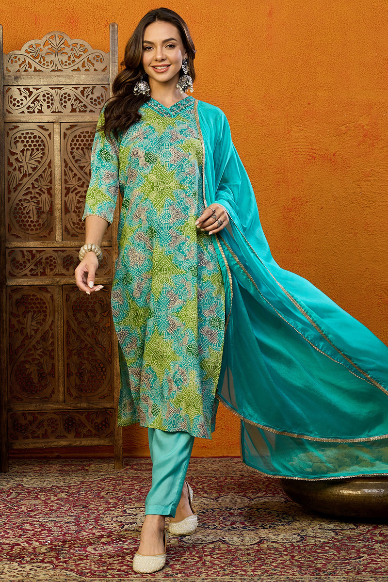 Blue-Cotton-Blend-Bandhani-Printed-Straight-3-Piece-Kurta-Set
