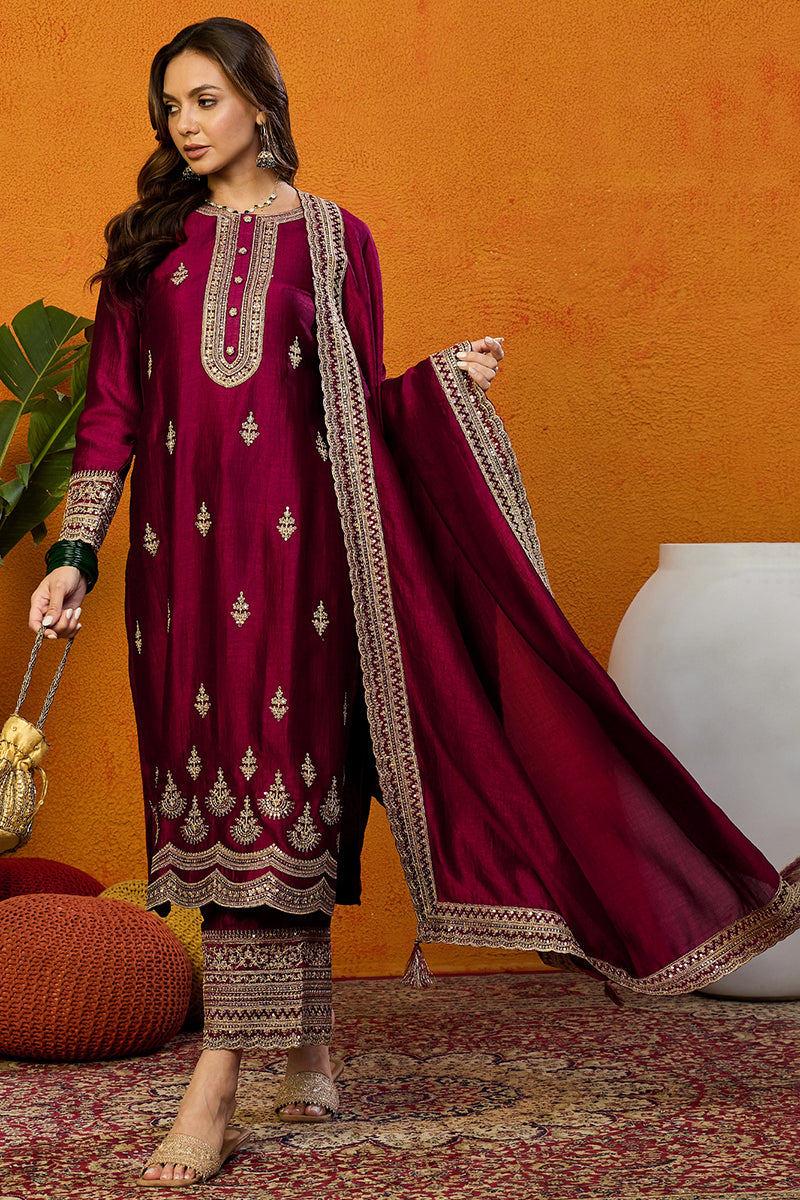 Maroon-Silk-Blend-Solid-Embroidered-Straight-3-Piece-Kurta-Set