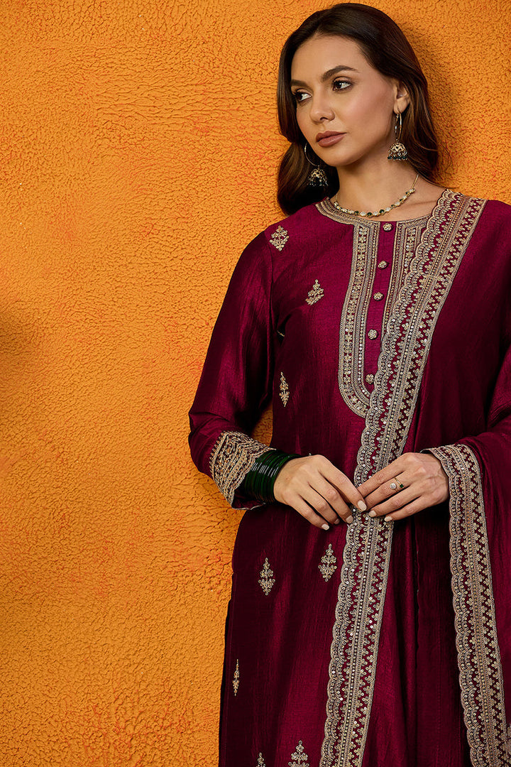 Maroon-Silk-Blend-Solid-Embroidered-Straight-3-Piece-Kurta-Set