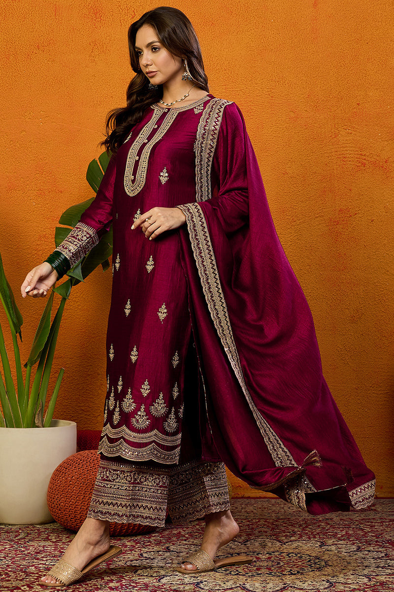 Maroon-Silk-Blend-Solid-Embroidered-Straight-3-Piece-Kurta-Set