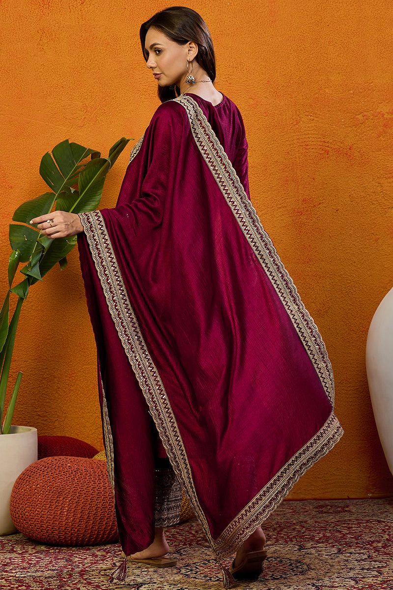 Maroon-Silk-Blend-Solid-Embroidered-Straight-3-Piece-Kurta-Set