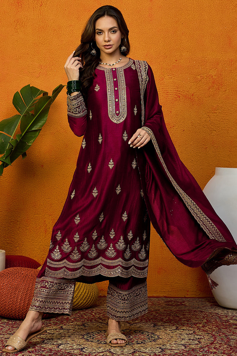 Maroon-Silk-Blend-Solid-Embroidered-Straight-3-Piece-Kurta-Set