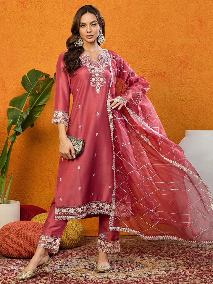 Rust Silk Blend Solid Embroidered Straight Kurta Trouser With Dupatta