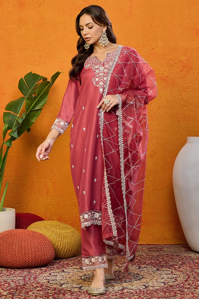 Rust-Red-Silk-Blend-Solid-Embroidered-Straight-3-Piece-Kurta-Set