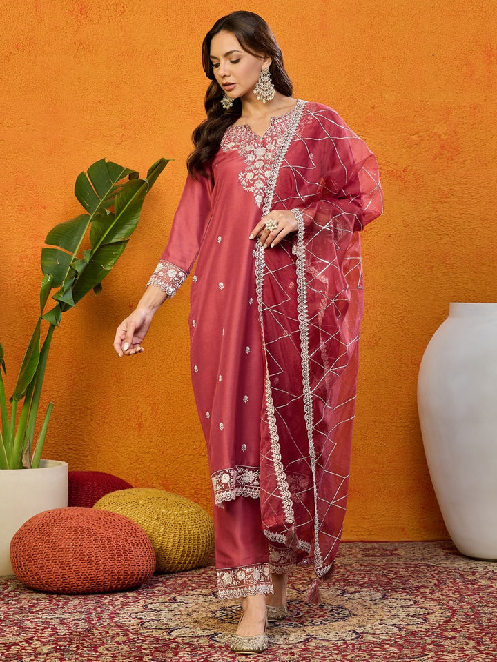 Rust Silk Blend Solid Embroidered Straight Kurta Trouser With Dupatta