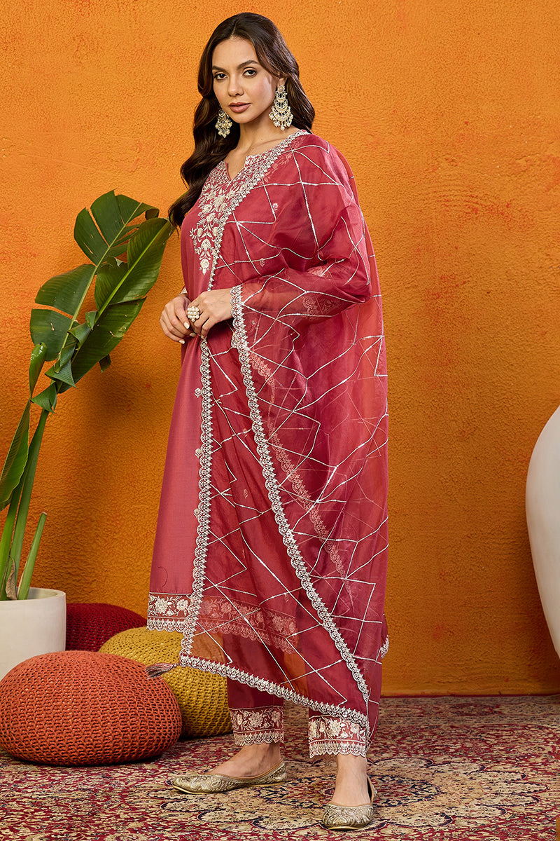 Rust-Red-Silk-Blend-Solid-Embroidered-Straight-3-Piece-Kurta-Set