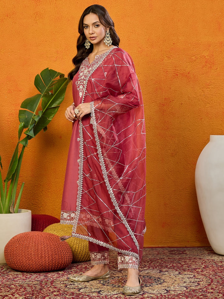 Rust Silk Blend Solid Embroidered Straight Kurta Trouser With Dupatta