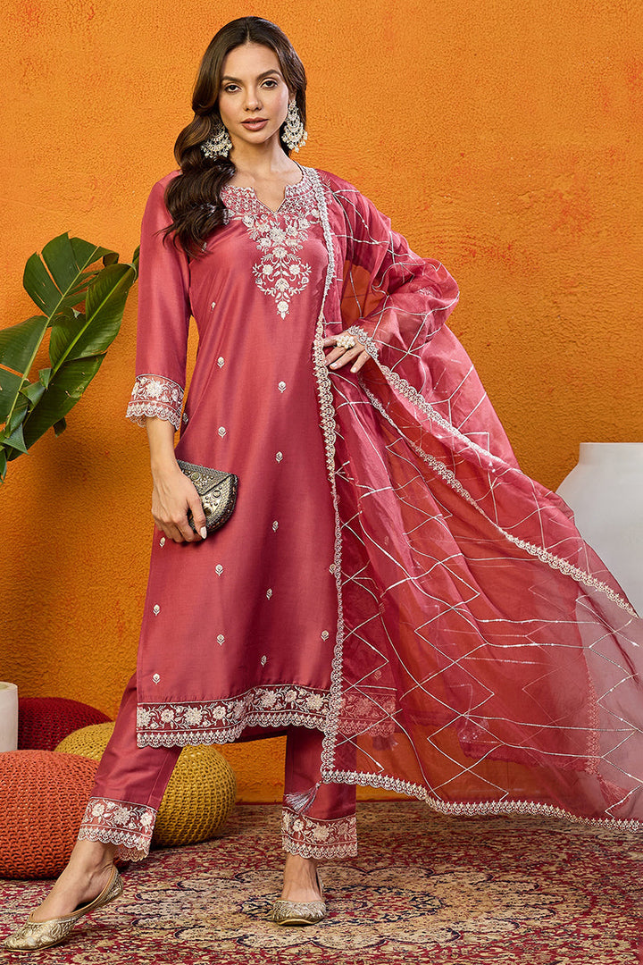 Rust-Red-Silk-Blend-Solid-Embroidered-Straight-3-Piece-Kurta-Set