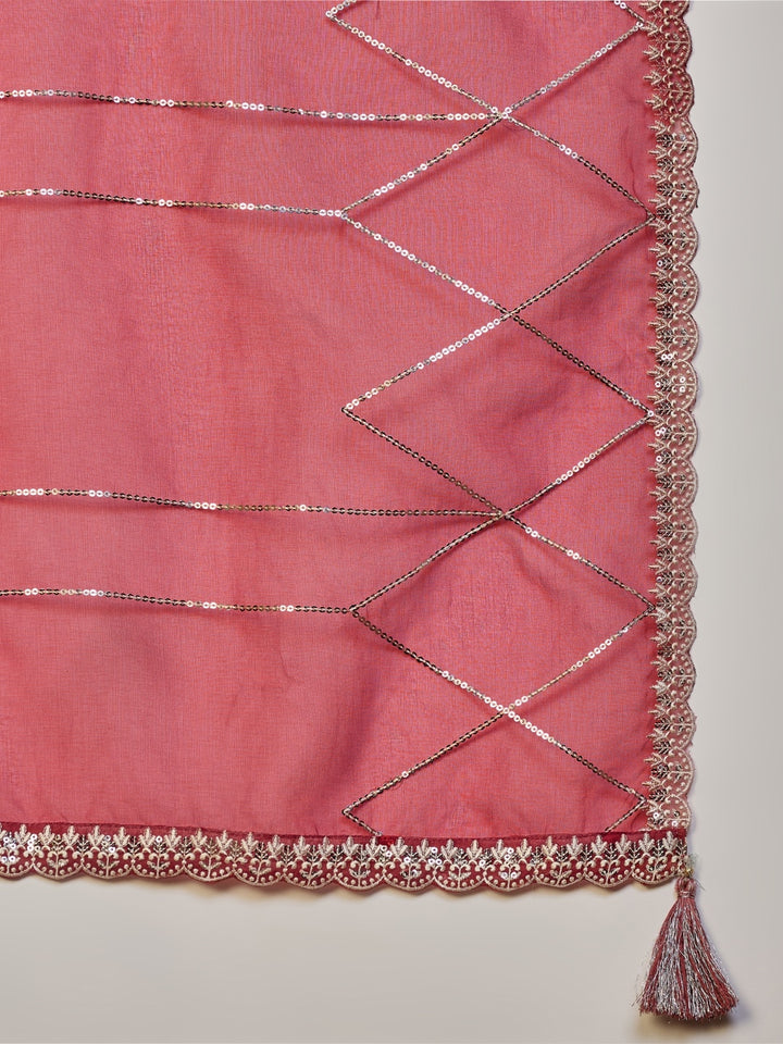 Rust Silk Blend Solid Embroidered Straight Kurta Trouser With Dupatta