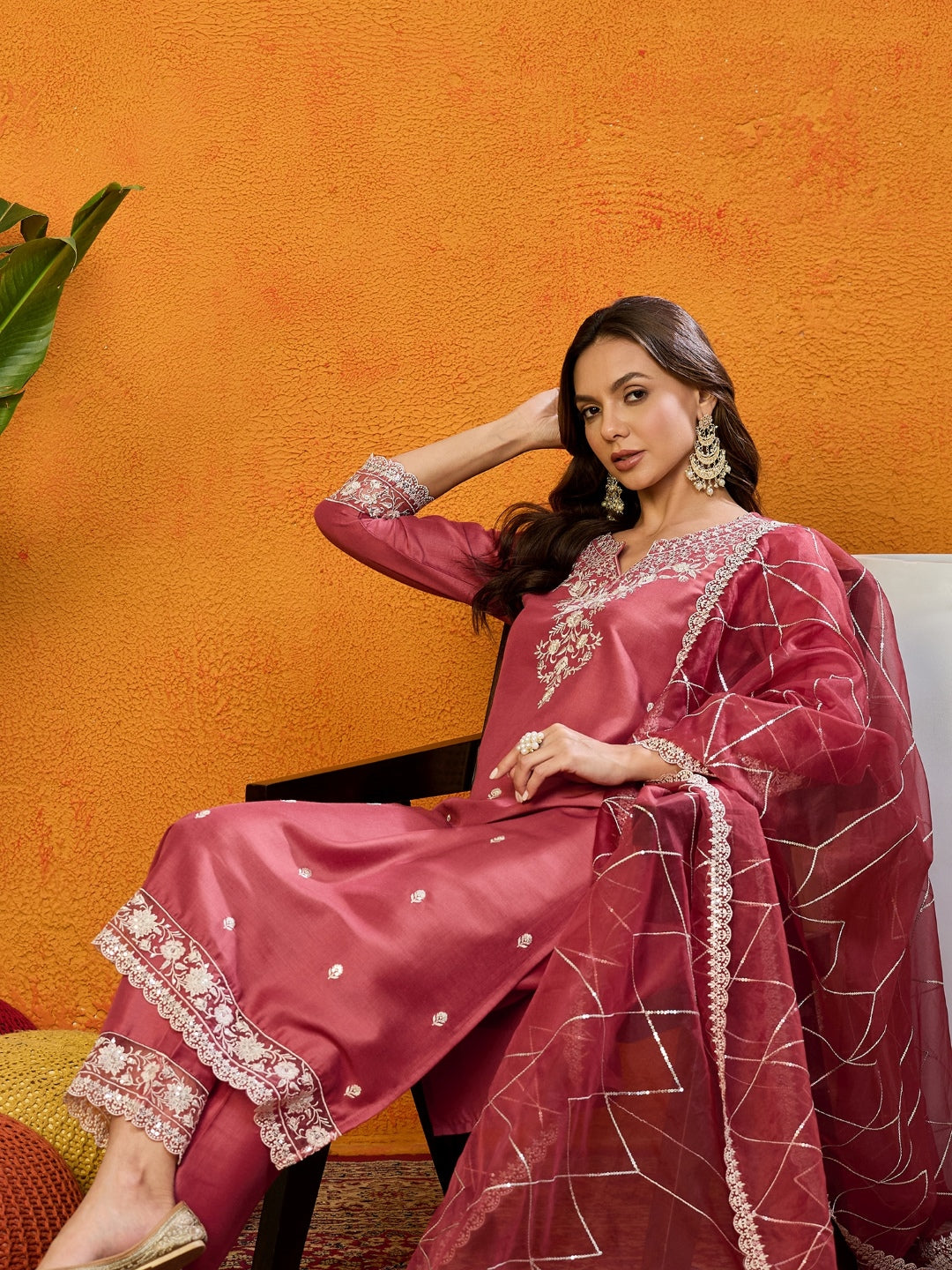 Rust Silk Blend Solid Embroidered Straight Kurta Trouser With Dupatta