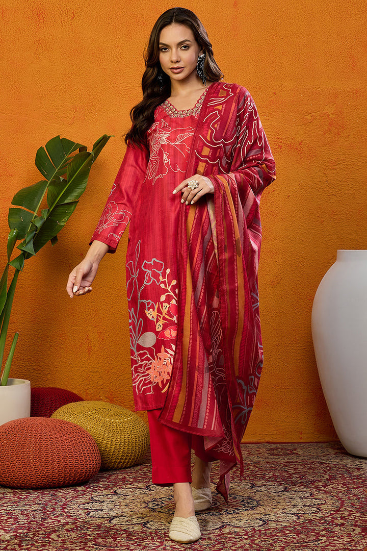 Red-Silk-Blend-Floral-Printed-Straight-Kurta-Set