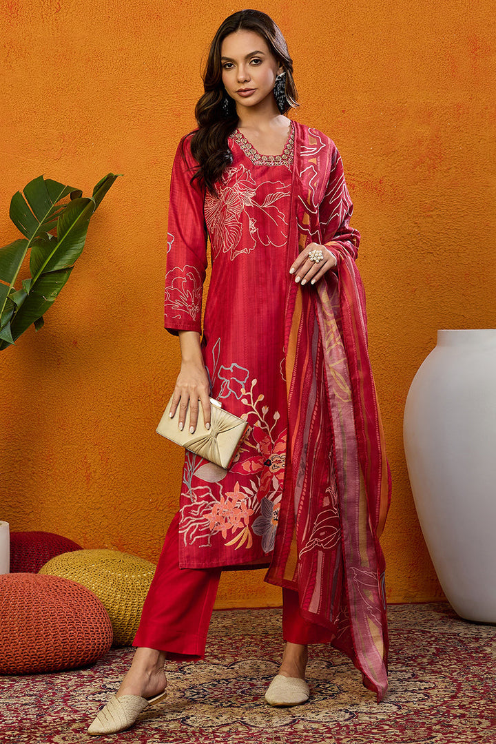 Red-Silk-Blend-Floral-Printed-Straight-Kurta-Set