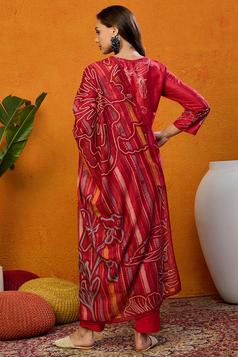 Red-Silk-Blend-Floral-Printed-Straight-Kurta-Set