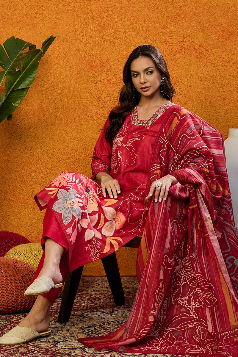 Red-Silk-Blend-Floral-Printed-Straight-Kurta-Set