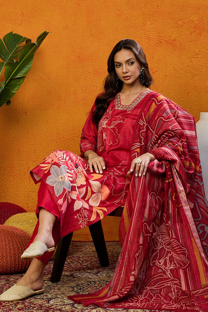 Red-Silk-Blend-Floral-Printed-Straight-Kurta-Set