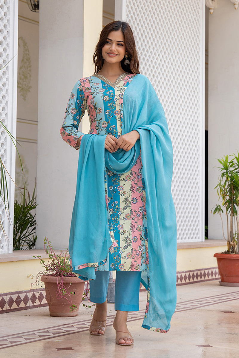MultiColor-Rayon-Blend-Floral-Printed-Straight-Kurta-Set