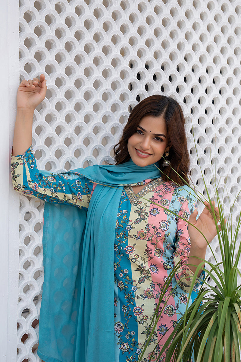 MultiColor-Rayon-Blend-Floral-Printed-Straight-Kurta-Set
