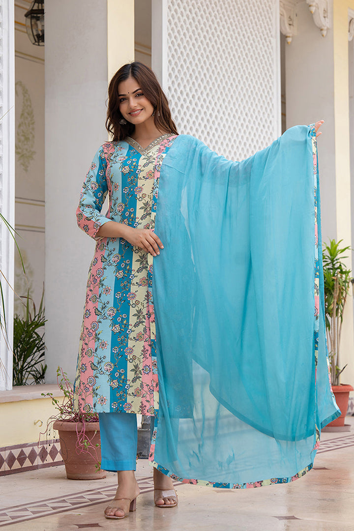MultiColor-Rayon-Blend-Floral-Printed-Straight-Kurta-Set