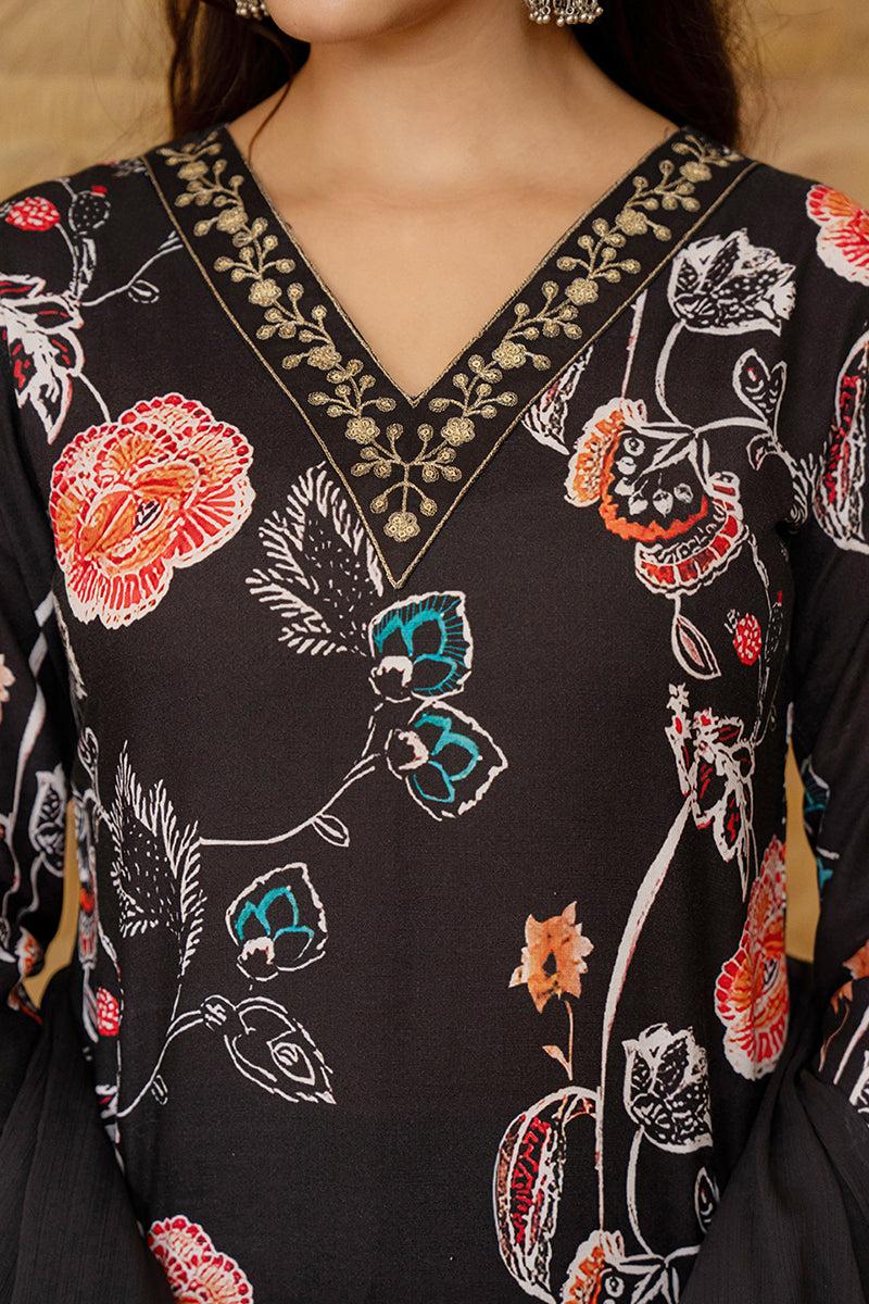 Black-Rayon-Blend-Floral-Printed-Straight-Kurta-Set