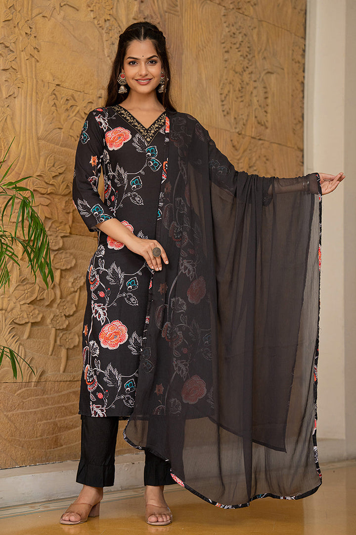 Black-Rayon-Blend-Floral-Printed-Straight-Kurta-Set