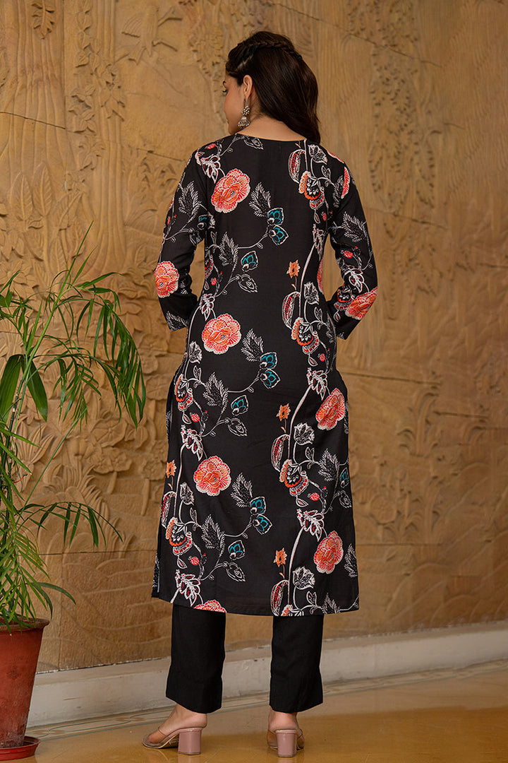 Black-Rayon-Blend-Floral-Printed-Straight-Kurta-Set