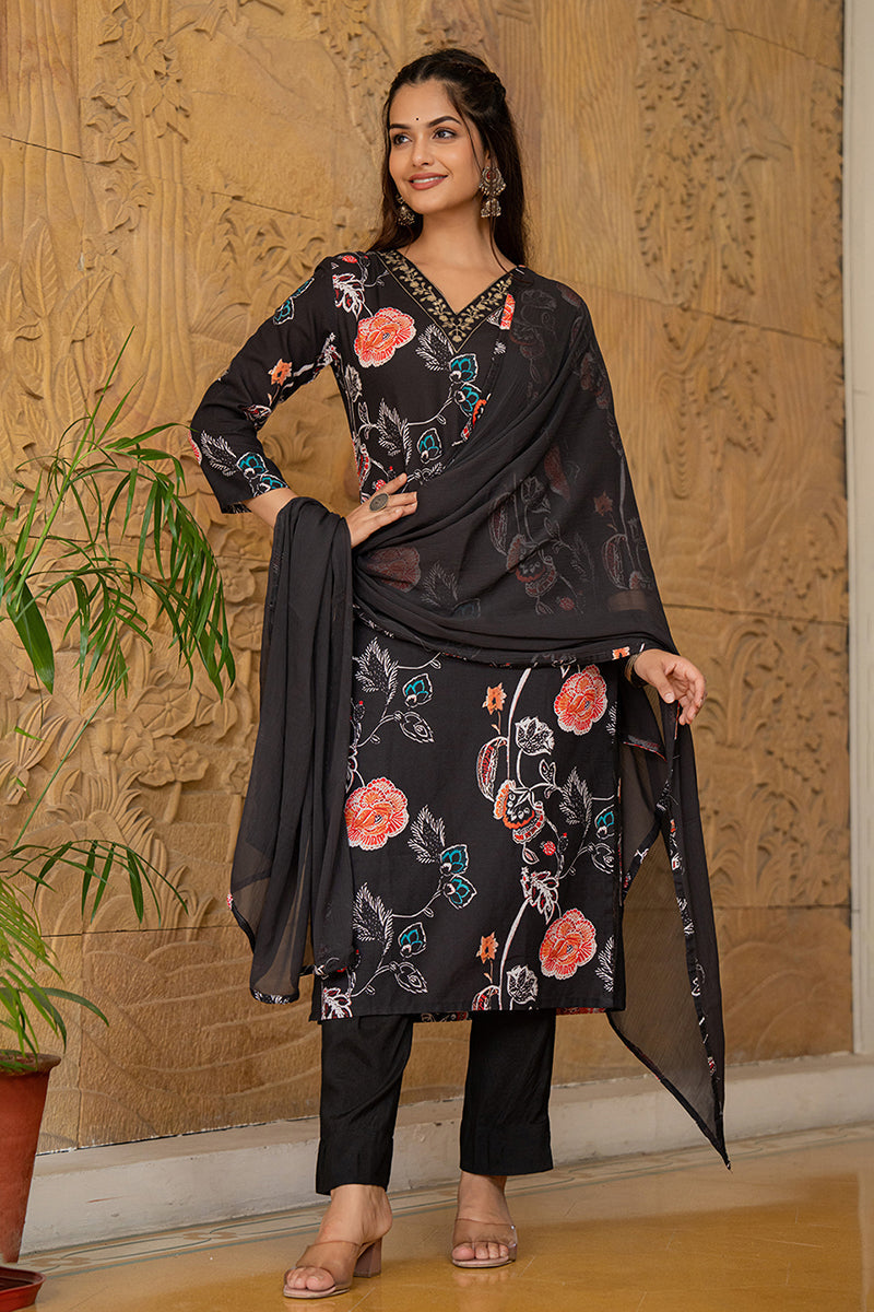 Black-Rayon-Blend-Floral-Printed-Straight-Kurta-Set