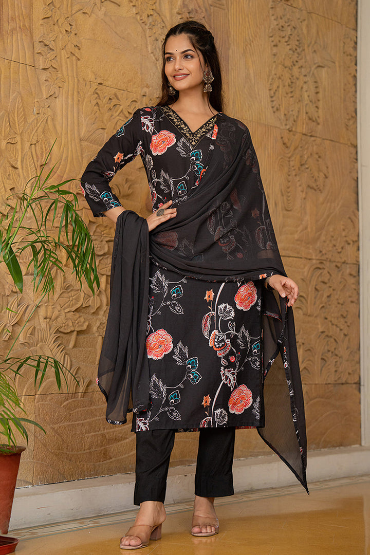Black-Rayon-Blend-Floral-Printed-Straight-Kurta-Set