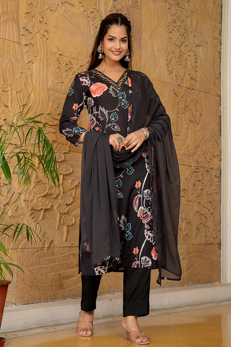 Black-Rayon-Blend-Floral-Printed-Straight-Kurta-Set