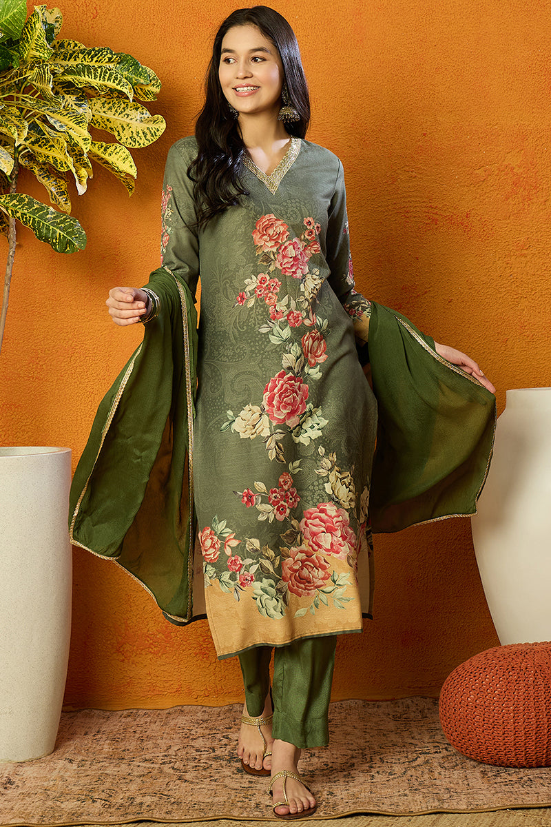Olive-Rayon-Blend-Floral-Printed-Straight-Kurta-Set