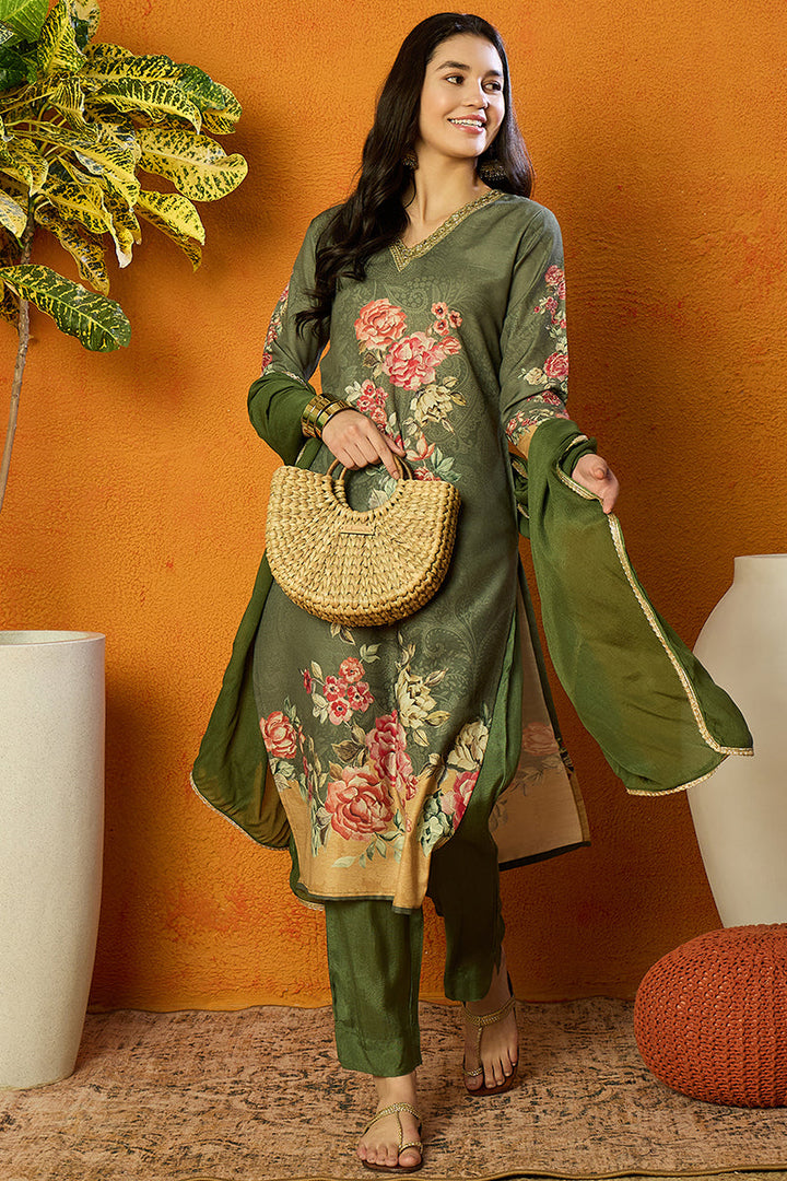 Olive-Rayon-Blend-Floral-Printed-Straight-Kurta-Set