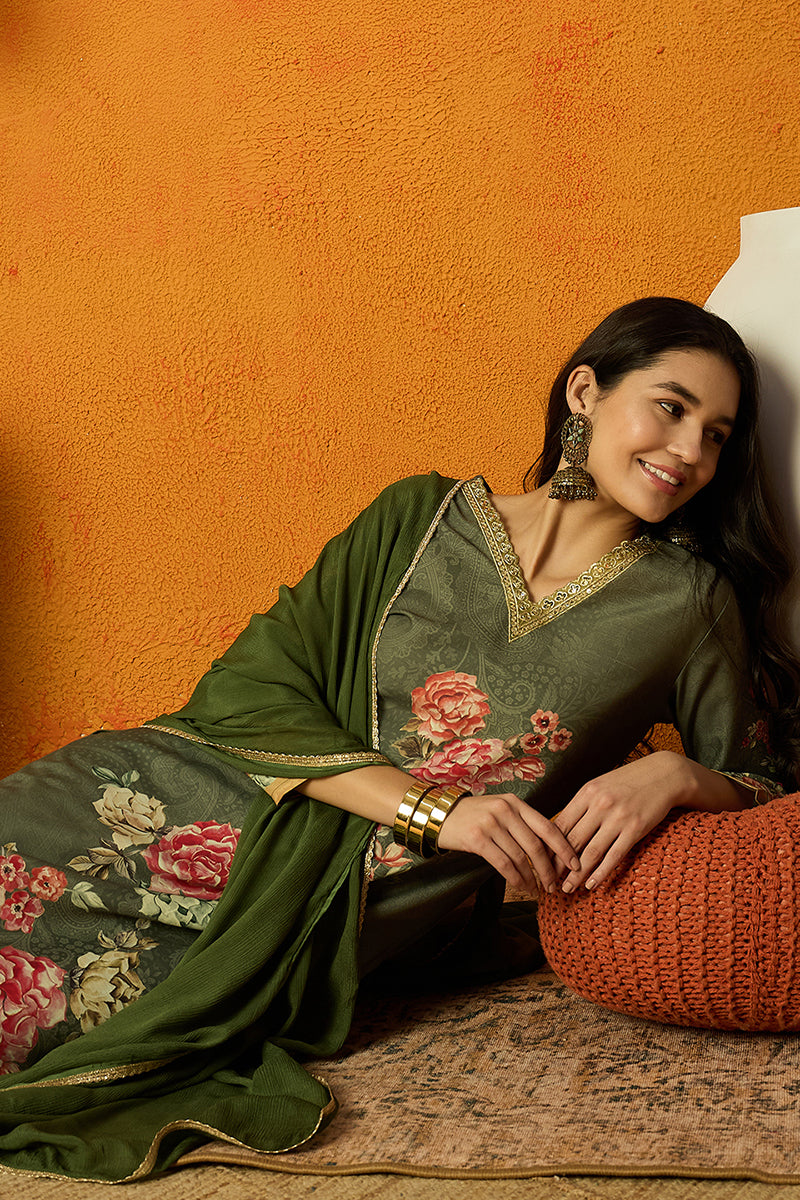 Olive-Rayon-Blend-Floral-Printed-Straight-Kurta-Set
