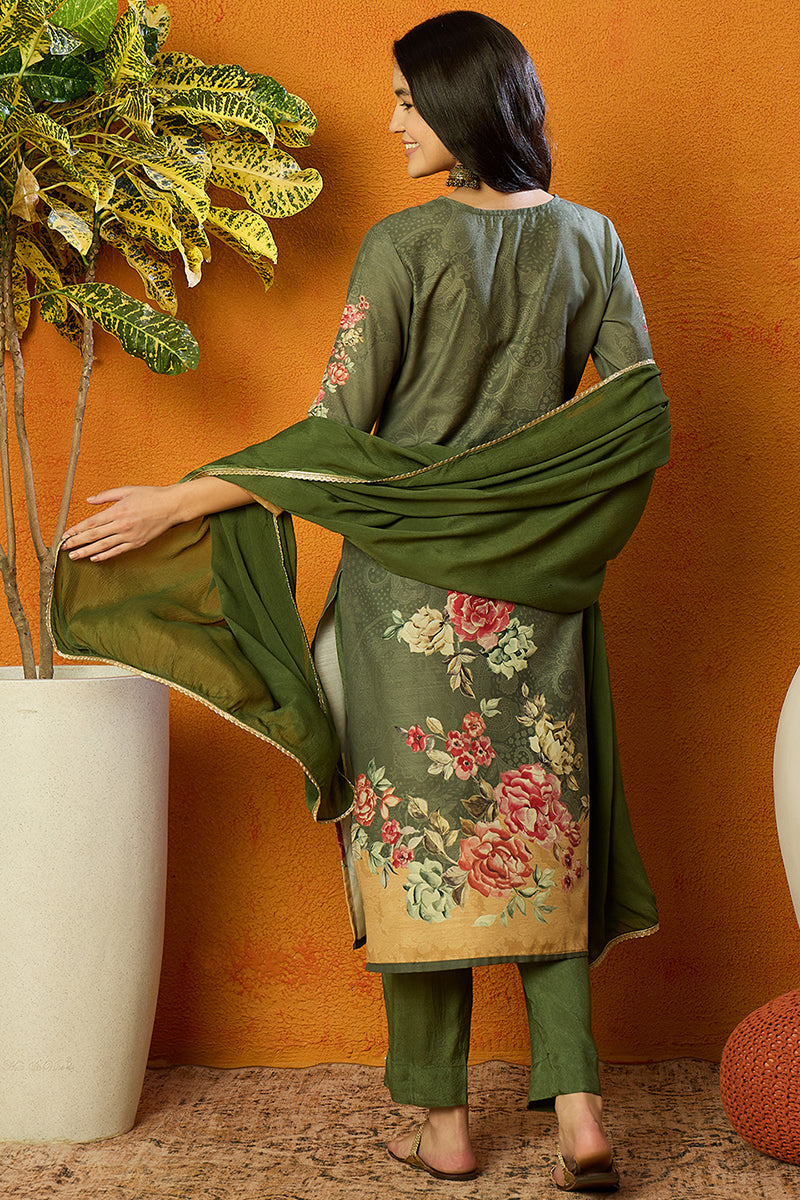 Olive-Rayon-Blend-Floral-Printed-Straight-Kurta-Set