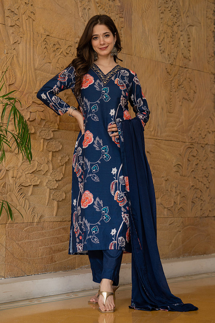Blue-Rayon-Blend-Floral-Printed-Straight-Kurta-Set
