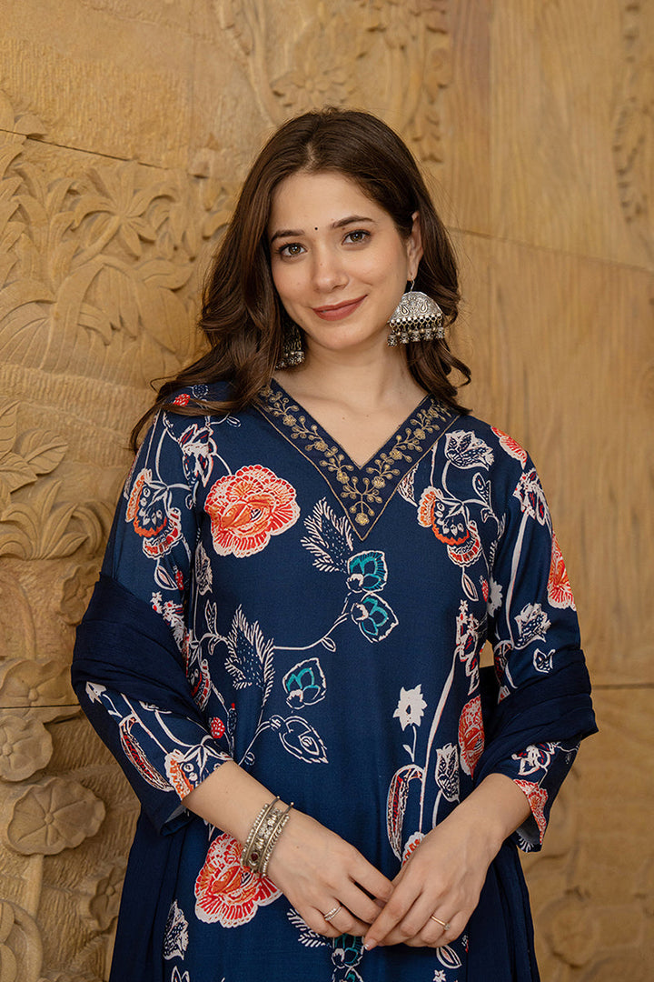 Blue-Rayon-Blend-Floral-Printed-Straight-Kurta-Set