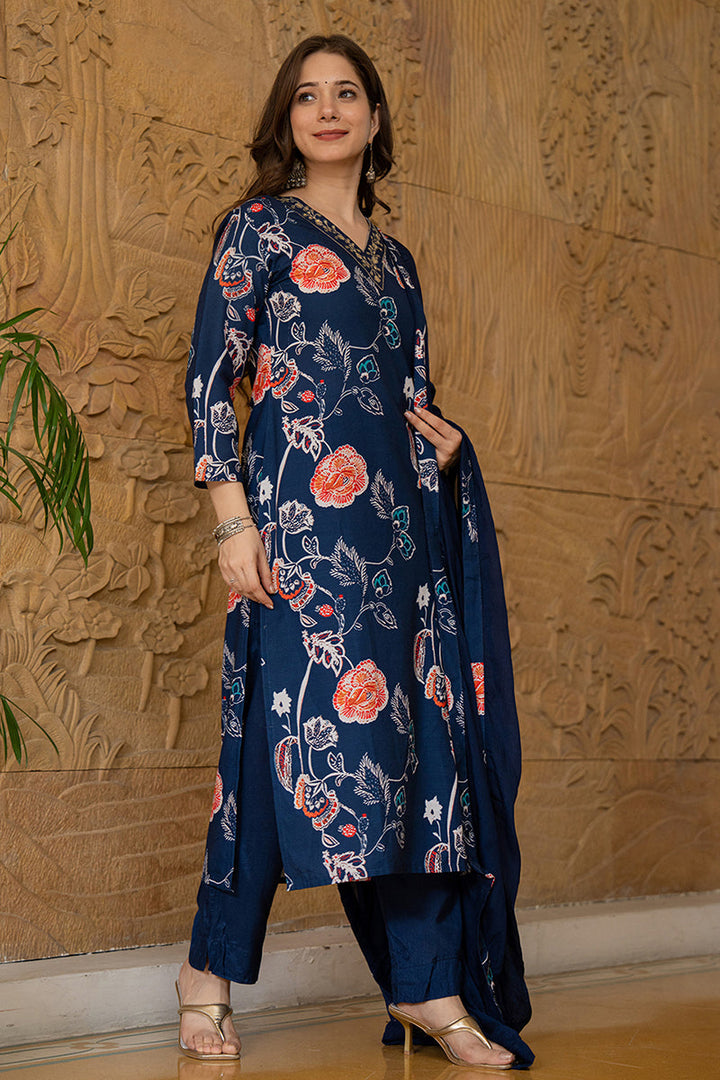 Blue-Rayon-Blend-Floral-Printed-Straight-Kurta-Set