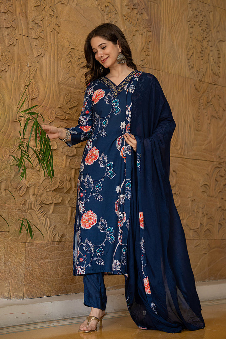 Blue-Rayon-Blend-Floral-Printed-Straight-Kurta-Set