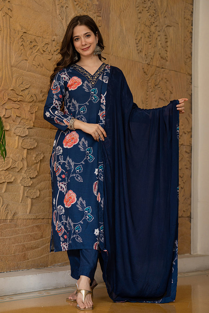 Blue-Rayon-Blend-Floral-Printed-Straight-Kurta-Set