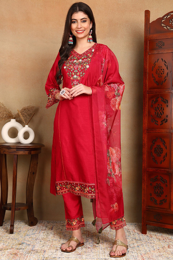 Rani Pink Silk Blend Solid Embroidered Straight Suit Set