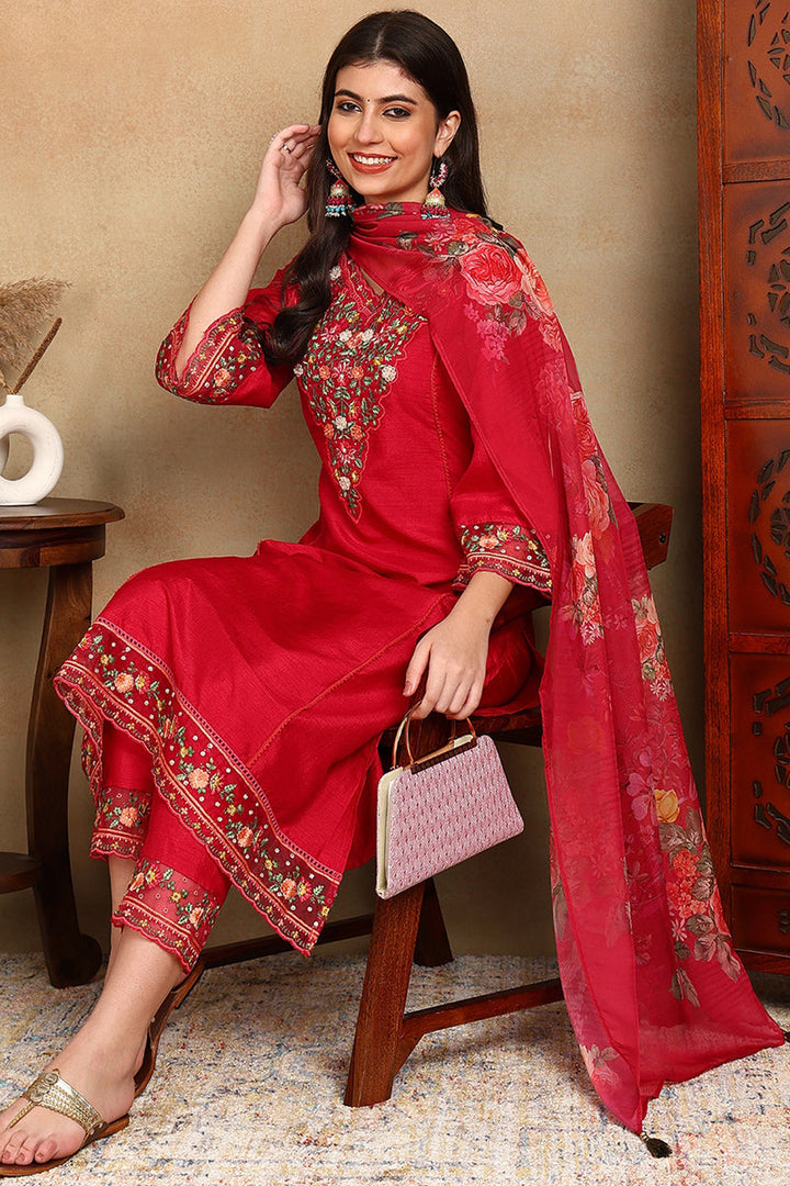 Rani Pink Silk Blend Solid Embroidered Straight Suit Set