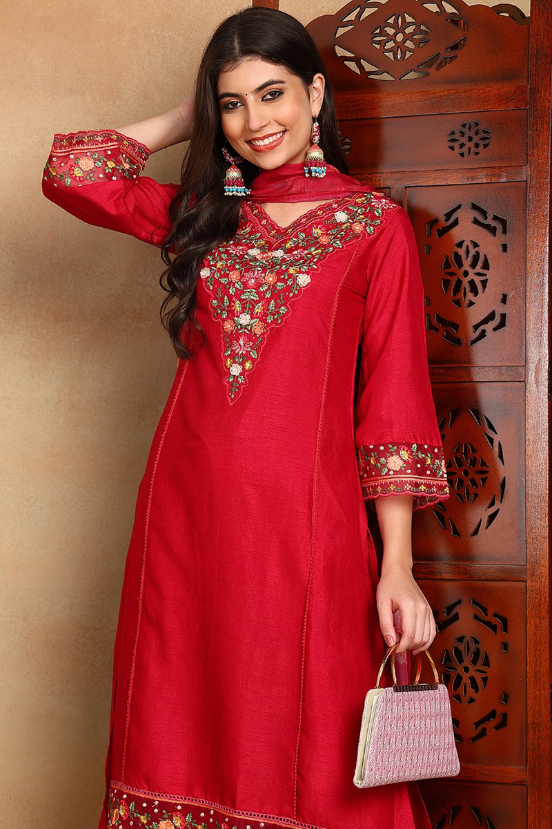 Rani Pink Silk Blend Solid Embroidered Straight Suit Set